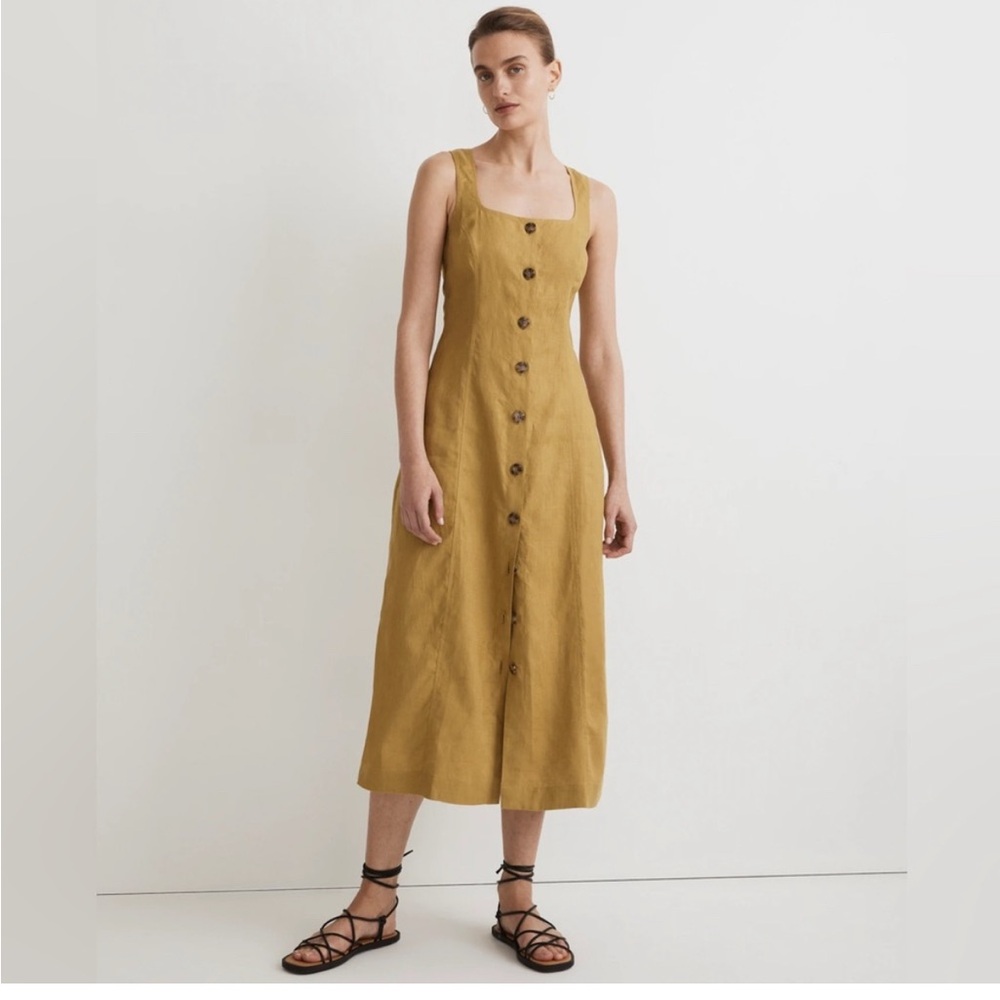 MADEWELL Button-Front Midi Dress in 100% Linen, Size 0
